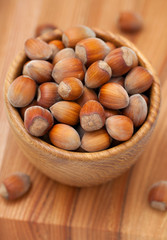 Hazelnuts in a wooden bowl on a table