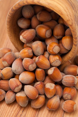 Hazelnuts in a wooden bowl on a table