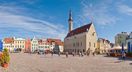 Tallinn Town Hall and Town Hall Square. Stitched Panorama - obrazy, fototapety, plakaty