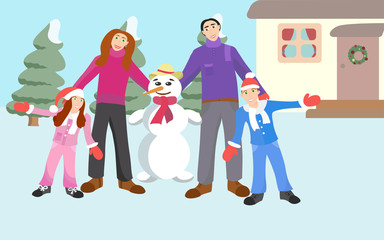 Fototapeta na wymiar family and snowman