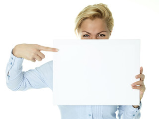 Blonde business woman with white message board