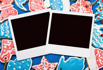 Obraz premium photo frames on the background of Christmas gingerbread