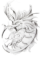 Tattoo sketch of medieval dragon, hand made