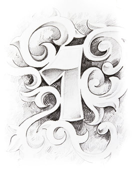 Tattoo sketch of one number, hand made