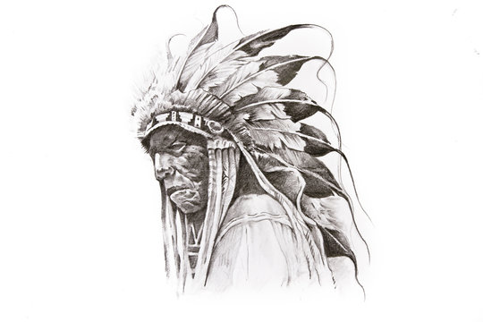 Tattoo sketch of Native American Indian warrior, hand made