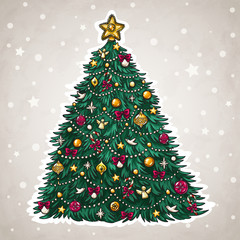 Christmas tree hand drawn style with beautiful decorations