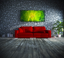 Interior design: red sofa infront of natural stone wall