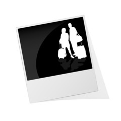 Fototapeta na wymiar polaroid photo frame with couple travel silhouette