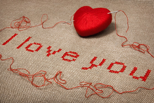 Valentine embroidery 'I love you' close-up