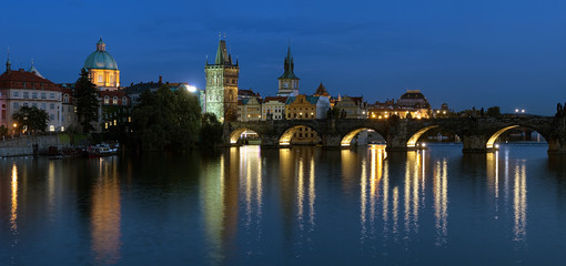 Panorama of Charles Bridge in Prague at evening, Czech Republic