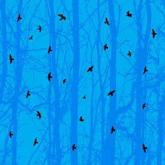 Horizontale naadloze achtergrond met vogels en blauwe boom