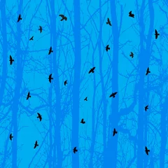 Fototapete Vögel im Wald Horizontaler nahtloser Hintergrund mit Vögeln und blauem Baum
