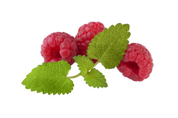 fresh raspberries with mint leaves isolated on white