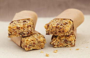 Granola muesli bars with chocolate and seeds