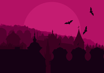 Halloween night old scary city town landscape with flying bats