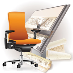 Part of office interior with a chair and architectural drawings