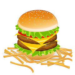 Vector Illustration of a Burger and French Fries