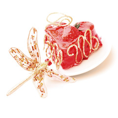 cake with strawberry topping and dragonfly isolated - 46728062
