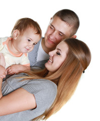 young happy family with child, studio portrait, isolated over wh