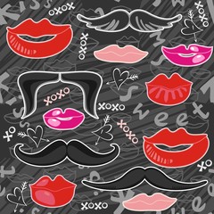 kolorowe usta i wąsy nieskończony deseń na ciemnym tle © demonique