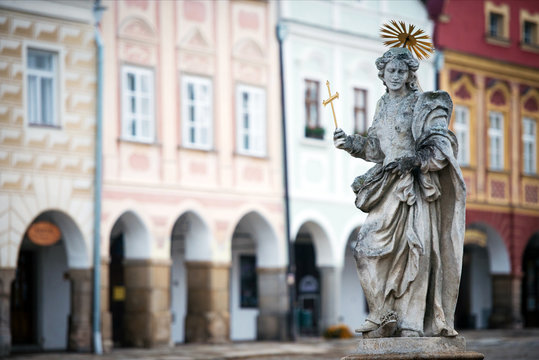 Statue on fountain at the main square of Telc, Czech republic