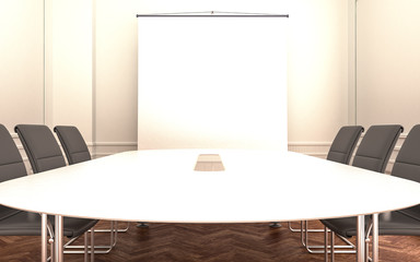 meeting room white table with empty projector screen