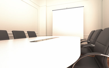 meeting room white table with empty projector screen