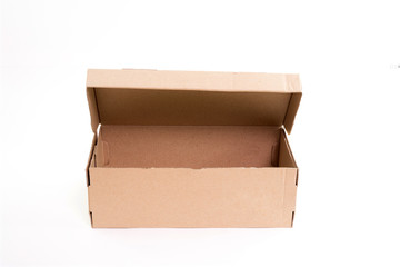 Open brown paper box isolated on white background