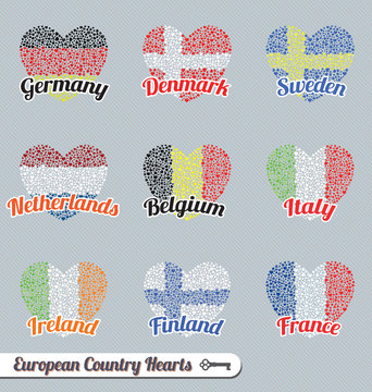Vector Set: Europe Flag Heart Labels and Icons