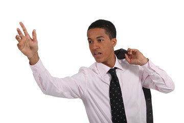 businessman calling someone and raising his hand