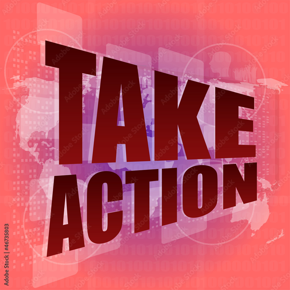 Poster take action word on digital screen with world map - business