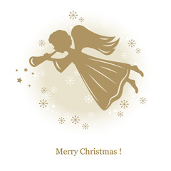 Little cute flying angel with flute. Hand drawing illustration