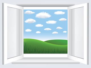 Fototapeta na wymiar okno z błękitne niebo, chmury i zielone hiil