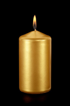 Golden Candle Lit On Black, Clipping Path Included