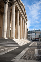 Classical antic columns at the front of the pantheon in Paris