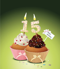 Cupcake mit Geburtstagskerze die Zahl 15
