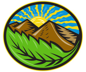Mountains Leaf Sunburst Retro
