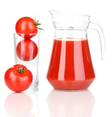 Tomato juice in pitcher isolated on white