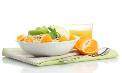 tasty oatmeal with orange and apple, isolated on white