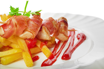 Grilled chicken and salad isolated on a white background