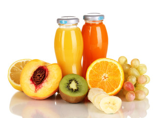Delicious multifruit juice in a bottle and fruit next to it