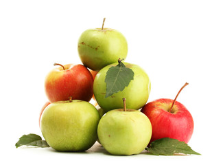 sweet apples with leaves, isolated on white