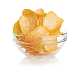 Delicious potato chips in bowl isolated on white