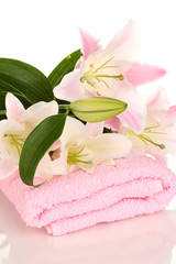 Fototapeta na wymiar beautiful lily on towel isolated on white