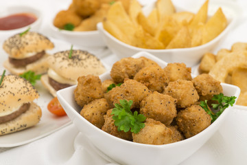Party Food - Popcorn chicken, burgers, wedges & onion rings