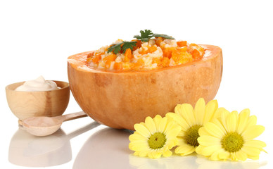 Useful pumpkin porridge in pumpkin isolated on white