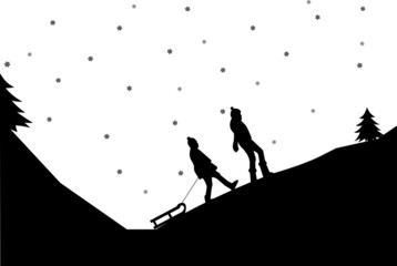 Sledding girls in mountain in winter silhouette