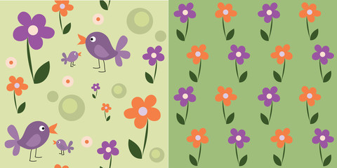 seamless cute flowers and birds, set