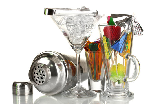 Cocktail shaker and  other bartender equipment isolated on
