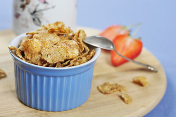bran flakes cereal in blue bowl